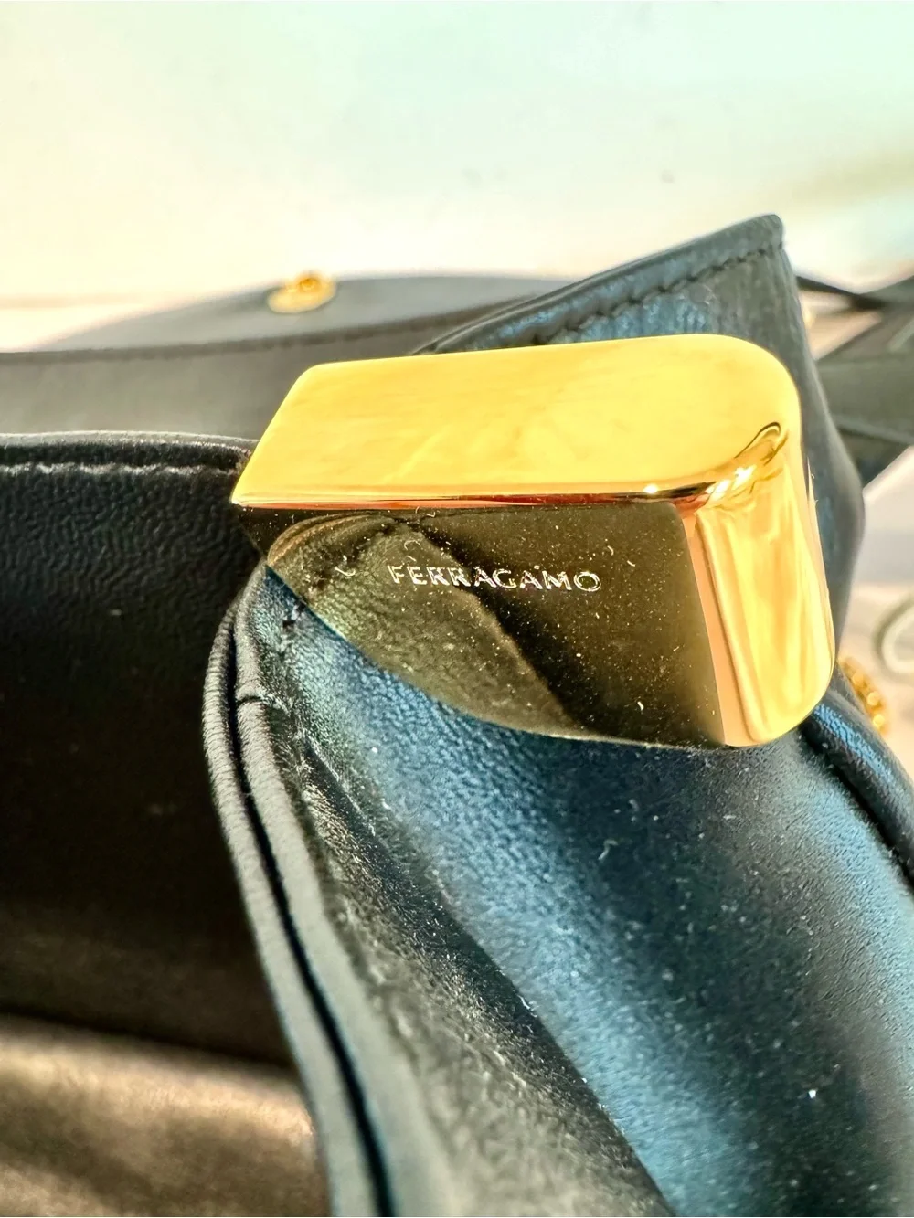 Ferragamo New Line Medium Black Leather Shoulder Bag W 2 Straps & Gold Accents